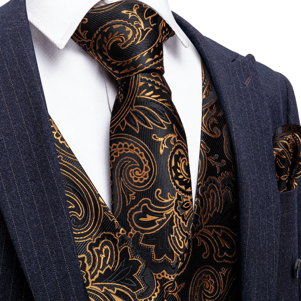 New Black Golden Paisley Silk Men's Vest Tie Hanky Cufflinks Set Waistcoat Suit Set
