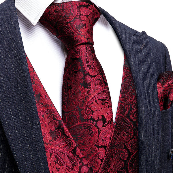 Red Black Paisley Silk Men's Vest Tie Hanky Cufflinks Set Waistcoat Suit Set