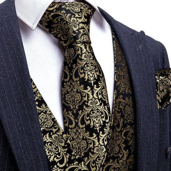Black Metallic Novelty Silk Men's Vest Tie Hanky Cufflinks Set Waistcoat Suit Set