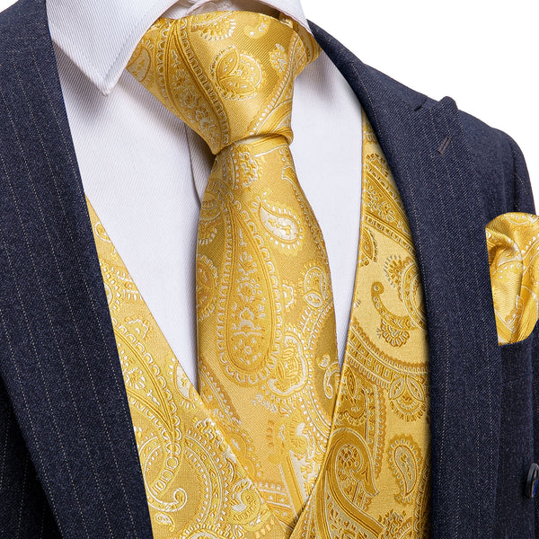 New Golden Yellow Paisley Silk Men's Vest Tie Hanky Cufflinks Set Waistcoat Suit Set