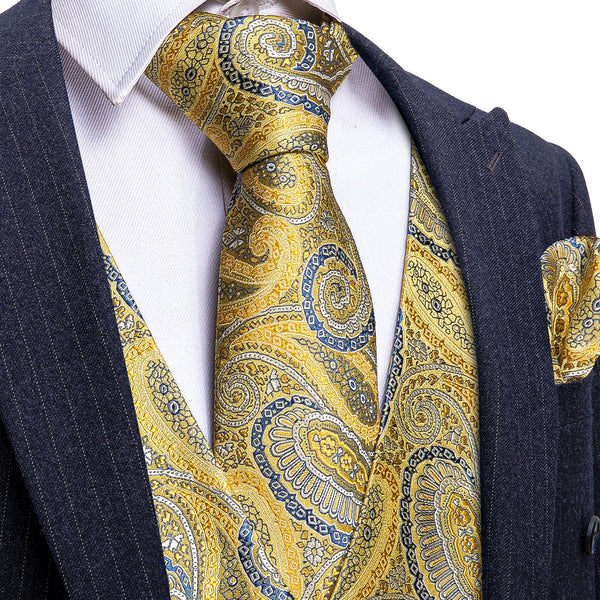 New Golden Blue Paisley Silk Men's Vest Tie Hanky Cufflinks Set Waistcoat Suit Set