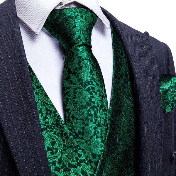 Green Black Floral Silk Men's Vest Tie Hanky Cufflinks Set Waistcoat Suit Set