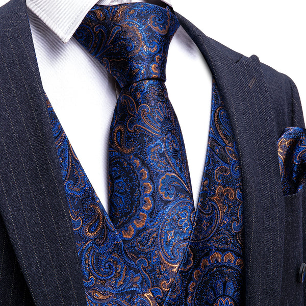 New Shining Blue Floral Silk Men's Vest Tie Hanky Cufflinks Set Waistcoat Suit Set