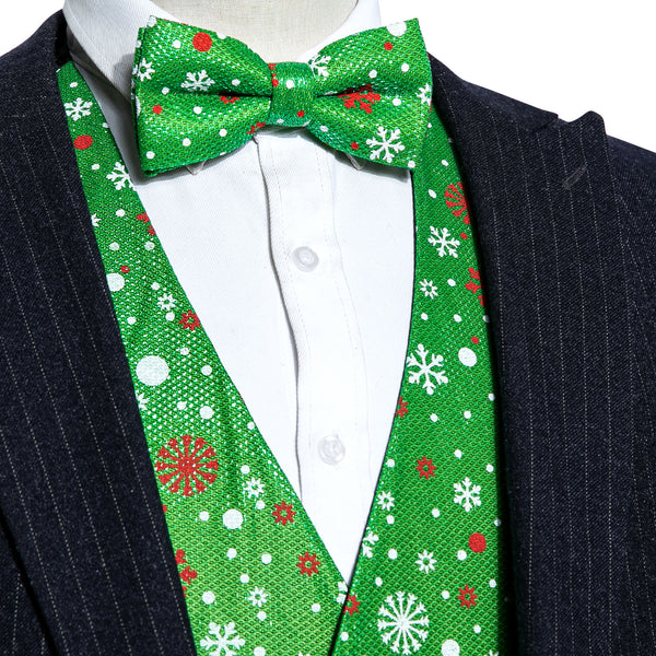 Christmas Green Snow Novelty Silk Men's Vest Bow Tie Set Waistcoat Suit Set