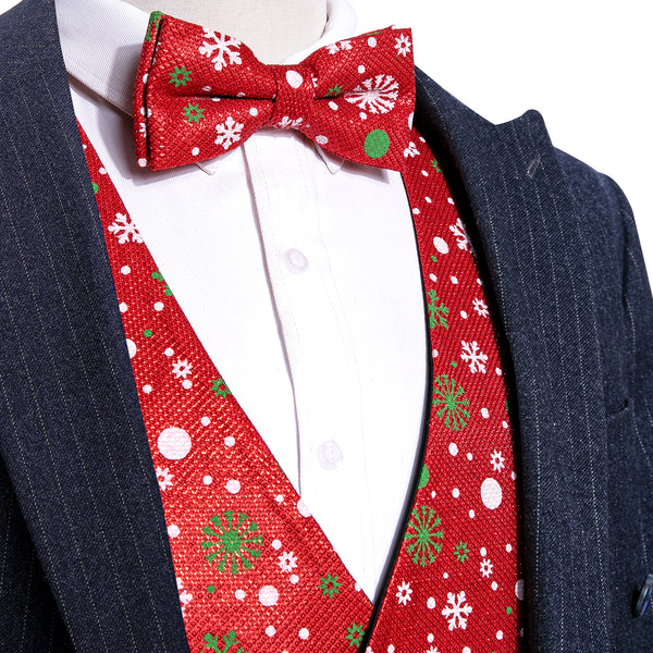 Christmas Red Snow Novelty Silk Men's Vest Bow Tie Set Waistcoat Suit Set