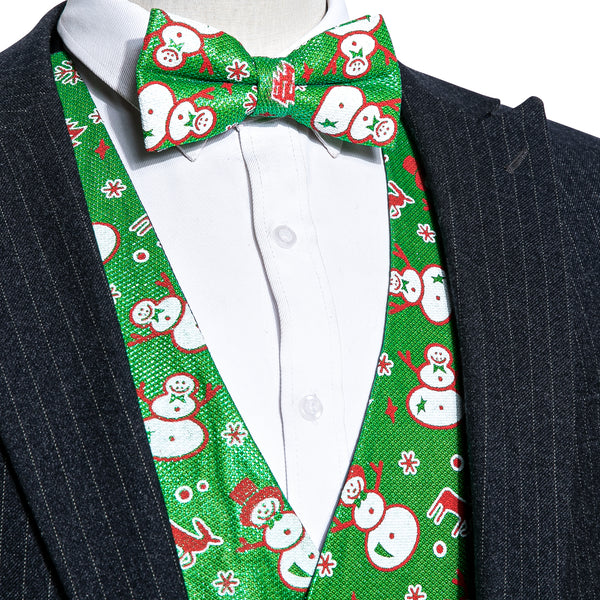 Christmas Green Snow Man Novelty Silk Men's Vest Bow Tie Set Waistcoat Suit Set