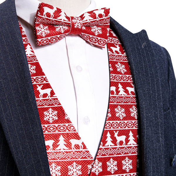 Fashion Christmas tree, deer, snowflakes design classic red vest dress waistcoat vest bow tie pocket square cufflinks set