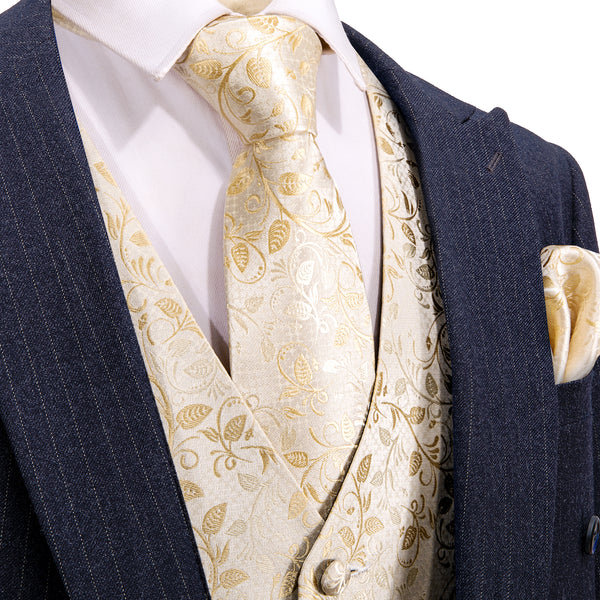 Classic Champagne Floral Jacquard Silk Men's Vest Hanky Cufflinks Tie Set