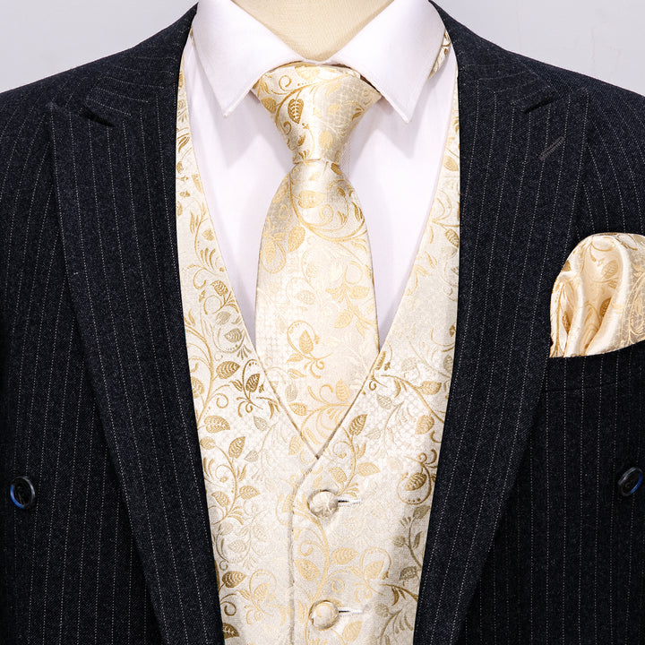  Champagne Floral Jacquard Silk Men's Vest 
