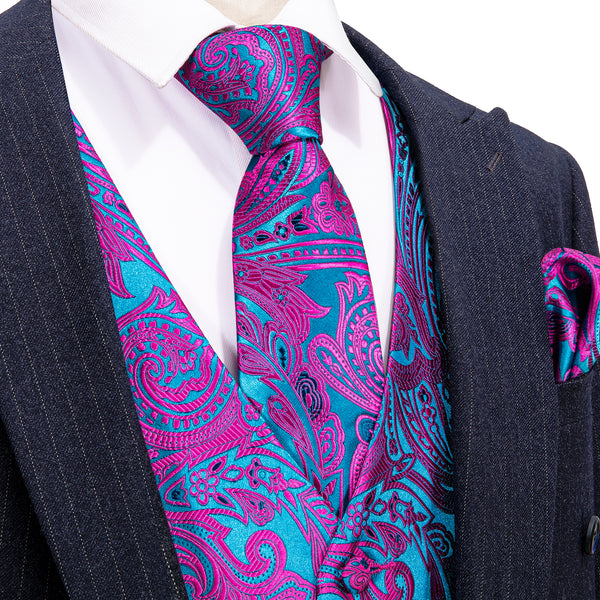 Purple Blue Paisley Jacquard Silk Men's Vest Hanky Cufflinks Tie Set