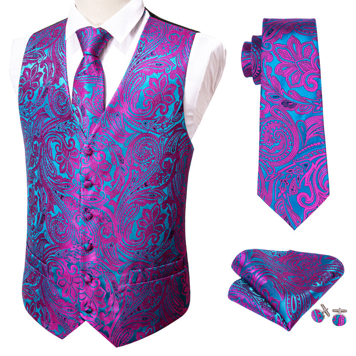 New Purple Blue Paisley Jacquard Silk Men's Vest Hanky Cufflinks Tie S ...