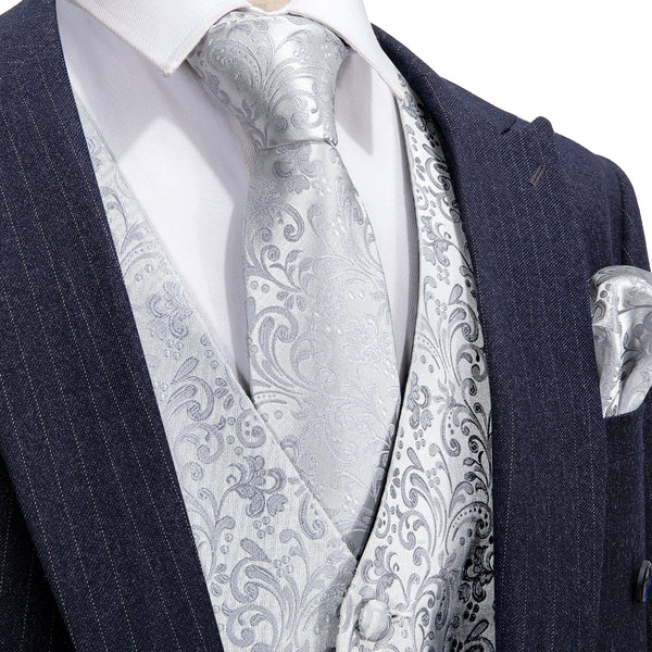 Silver Grey Floral Jacquard Silk Men's Vest Hanky Cufflinks Tie Set