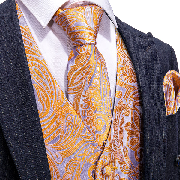 Orange Silver Paisley Jacquard Silk Men's Vest Hanky Cufflinks Tie Set