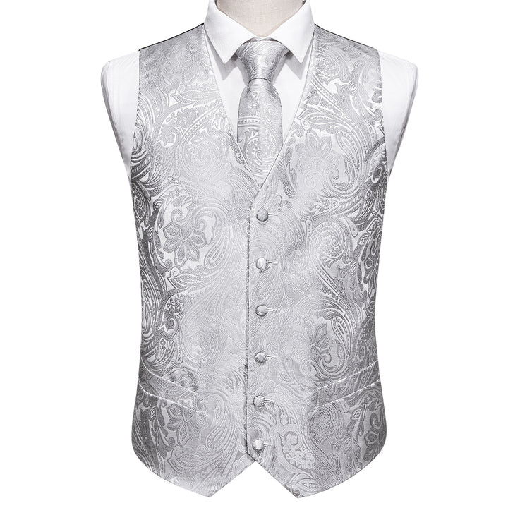 Silver White Paisley silk dress suit vest outfit