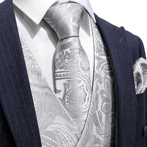 Silver White Paisley Jacquard Silk Men's Vest Hanky Cufflinks Tie Set