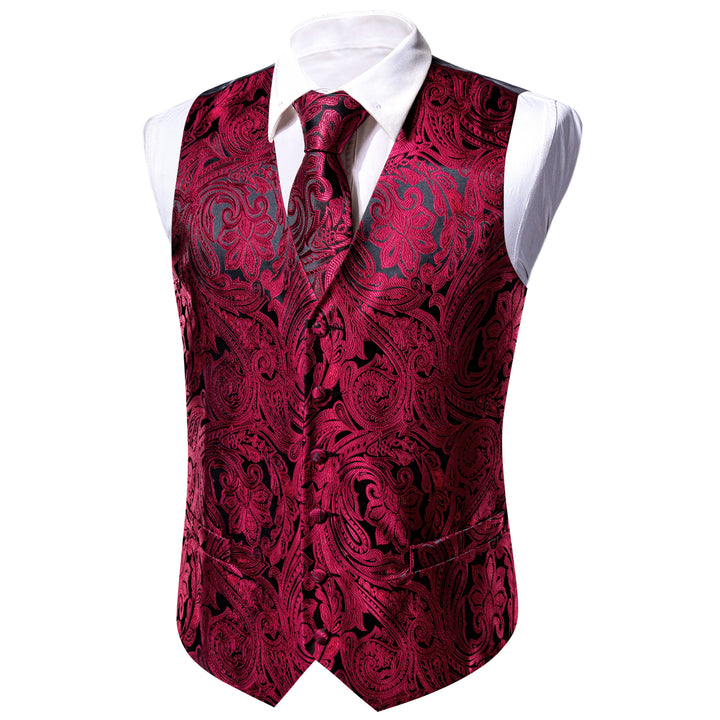 Black Burgundy Paisley Jacquard Silk Men's Vest Hanky Cufflinks Tie Se ...