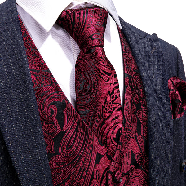Black Burgundy Paisley Jacquard Silk Men's Vest Hanky Cufflinks Tie Set