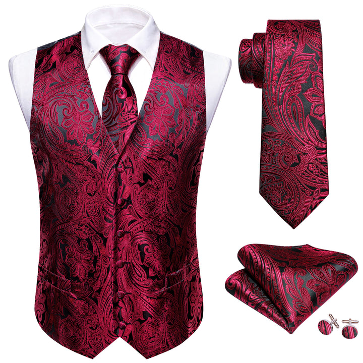 Black Burgundy Paisley Jacquard Silk Men's wedding vest outfit