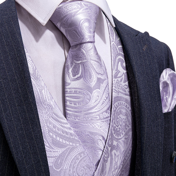 Light Purple Paisley Jacquard Silk Men's Vest Hanky Cufflinks Tie Set