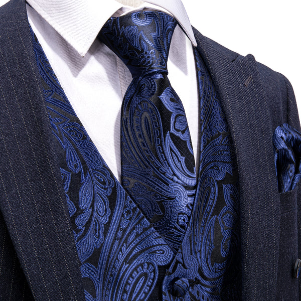 Deep Blue Paisley Jacquard Silk Men's Vest Hanky Cufflinks Tie Set