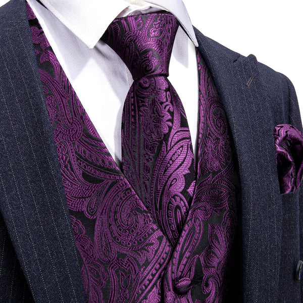 Deep Purple Paisley Jacquard Silk Men's Vest Hanky Cufflinks Tie Set