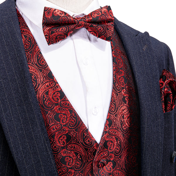 New Shining Red Paisley Silk Men's Vest Bow Tie Handkerchief Cufflinks Set Waistcoat Suit Set