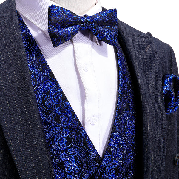 Shining Navy Blue Paisley Silk Men's Vest Bow Tie Handkerchief Cufflinks Set Waistcoat Suit Set