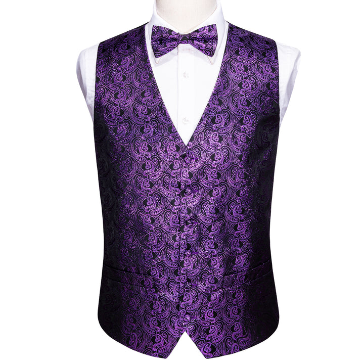 New Shining Deep Purple Paisley Silk Men's Vest Bow Tie Handkerchief C ...
