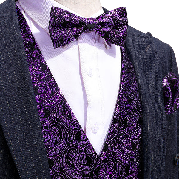 New Shining Deep Purple Paisley Silk Men's Vest Bow Tie Handkerchief Cufflinks Set Waistcoat Suit Set