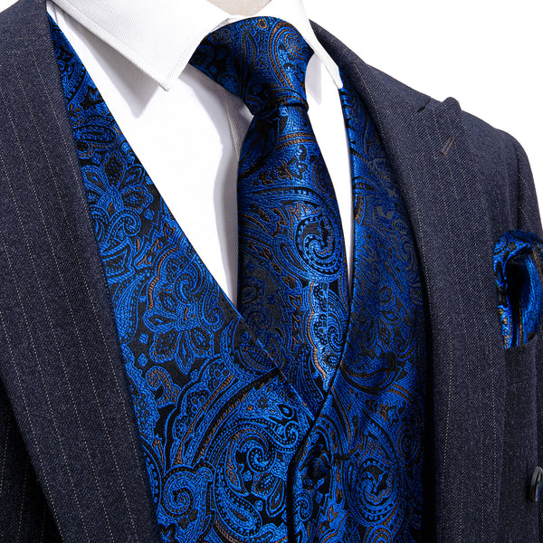 New Navy Blue Paisley Men's Vest Tie Hanky Cufflinks Set Waistcoat Suit Set