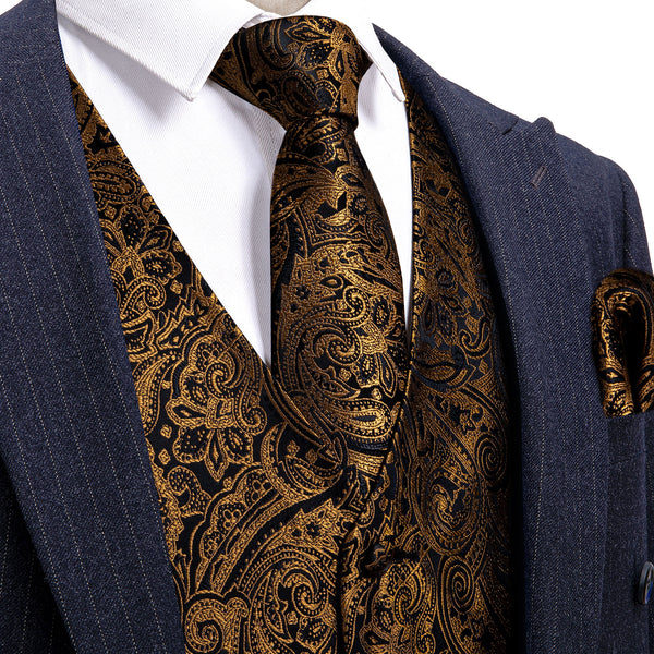 New Navy Golden Paisley Men's Vest Tie Hanky Cufflinks Set Waistcoat Suit Set