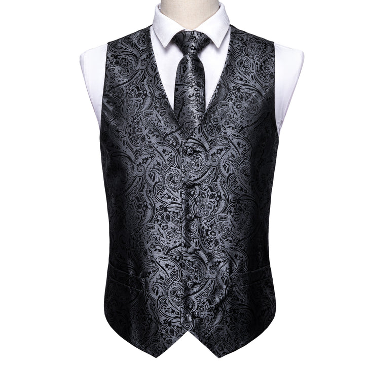 Silver Black Paisley silk vest suit men