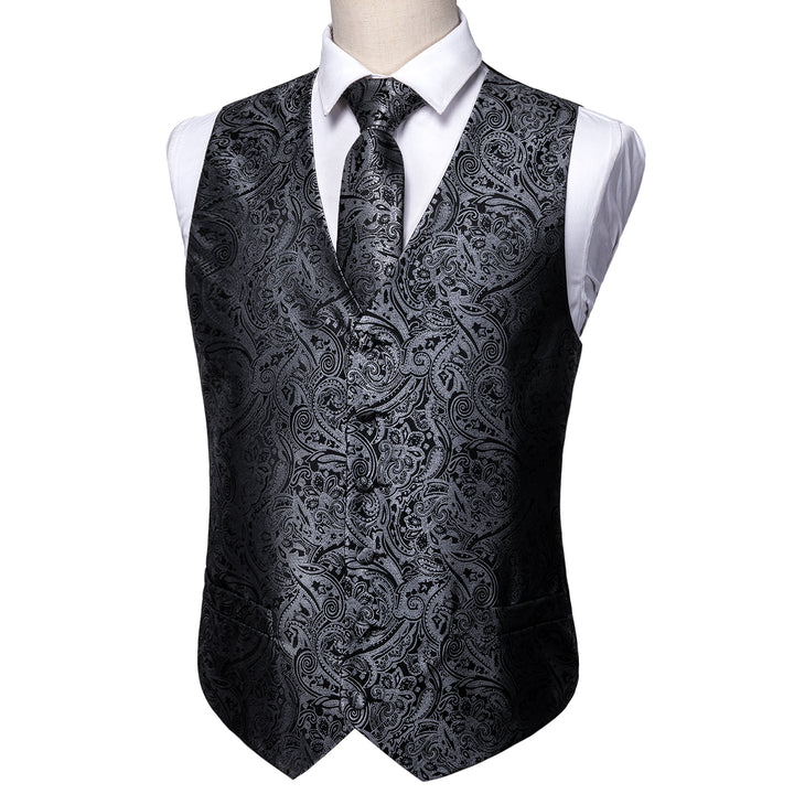 Silver Black Paisley silk button up vest mens