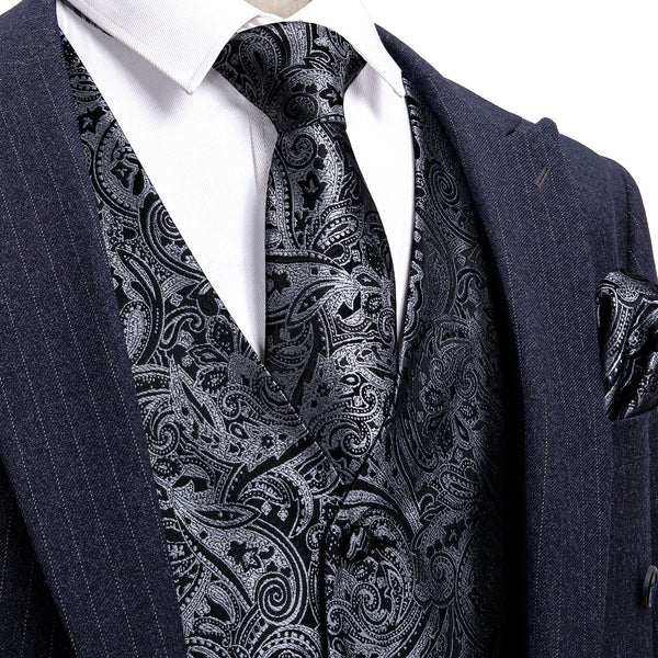New Silver Black Paisley Men's Vest Tie Hanky Cufflinks Set Waistcoat Suit Set