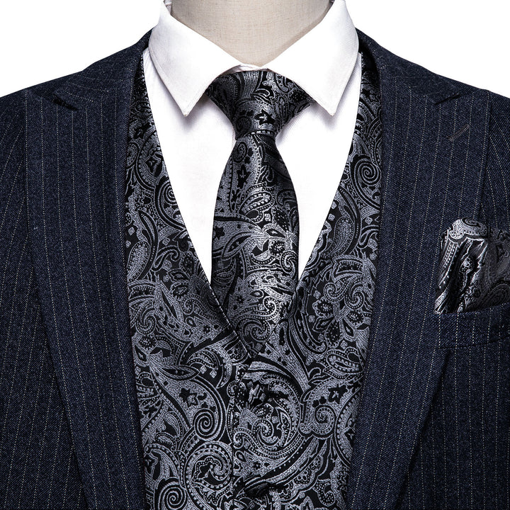 Silver Black Paisley silk mens vest jacket suit