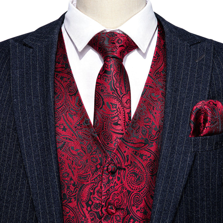 red black paisley mens silk suit vest tie pocket square cufflinks set for the white shirt and grey striped suit