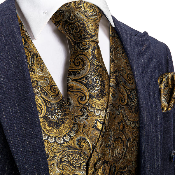 Black Yellow Paisley Jacquard Silk Men's Vest Hanky Cufflinks Tie Set
