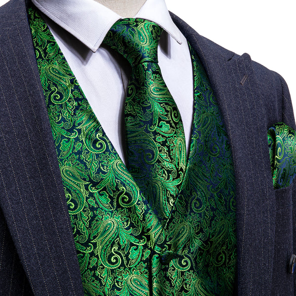 Blue Green Paisley Jacquard Silk Men's Vest Hanky Cufflinks Tie Set