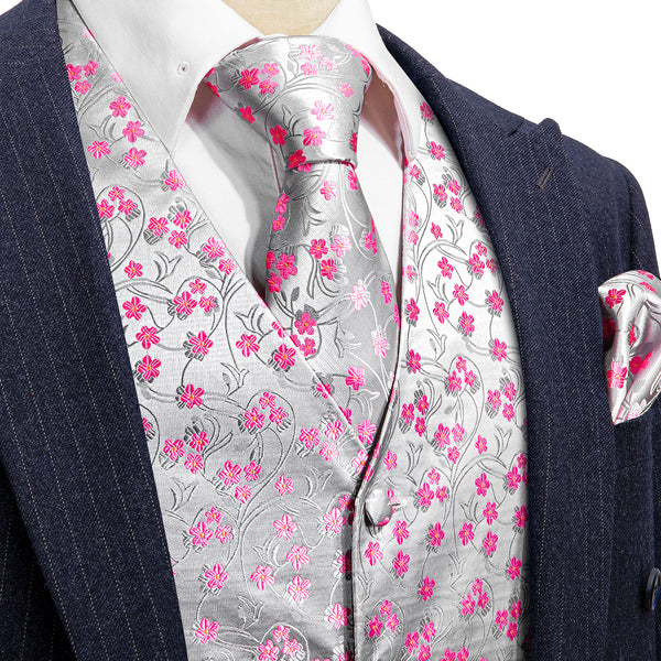 Silver Pink Floral Jacquard Silk Men's Vest Hanky Cufflinks Tie Set