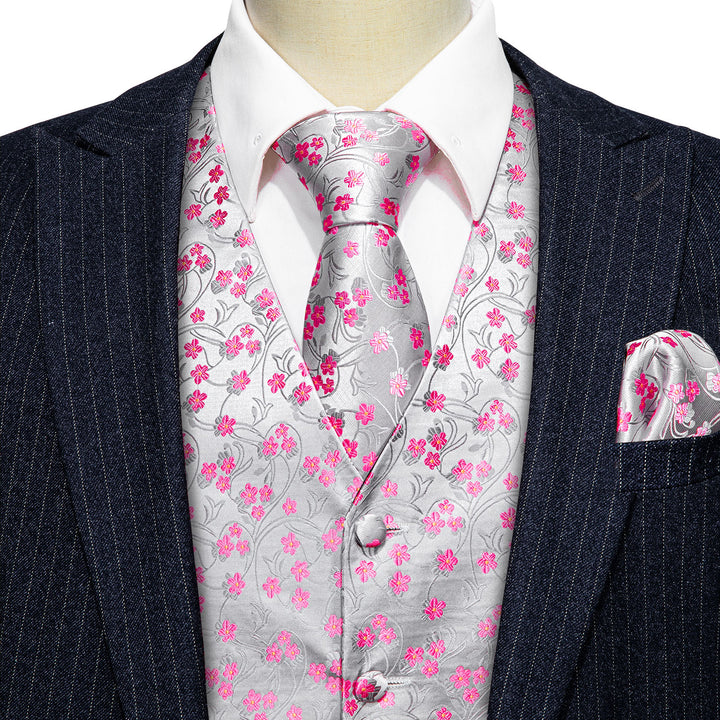 Silver Pink Floral Jacquard Silk Men's Vest 