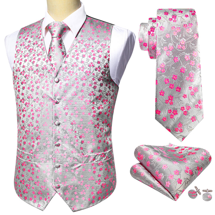 Silver Pink Floral Jacquard Silk Men's Vest 
