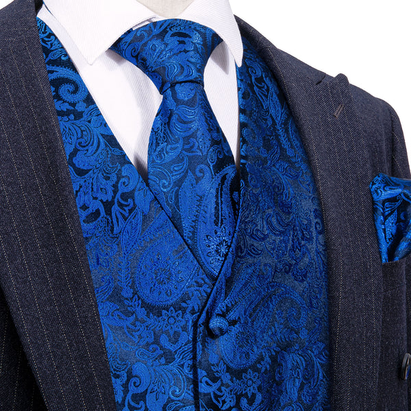 Klein Blue Paisley Jacquard Silk Men's Vest Hanky Cufflinks Tie Set