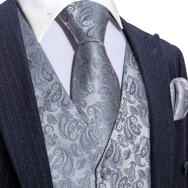 Silver Grey Paisley Jacquard Silk Men's Vest Hanky Cufflinks Tie Set