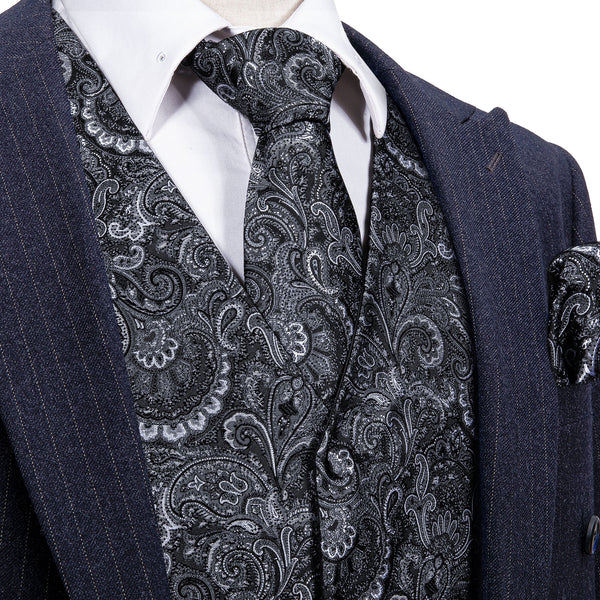 Dark Grey Paisley Jacquard Silk Men's Vest Hanky Cufflinks Tie Set