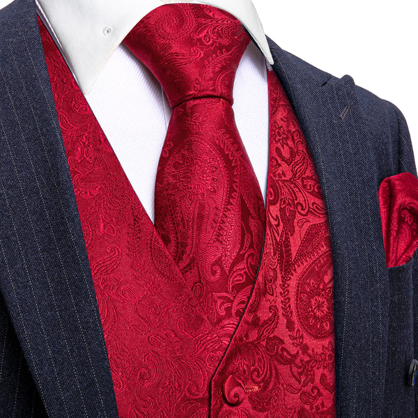 Classic Red Paisley Jacquard Silk Men's Vest Hanky Cufflinks Tie Set
