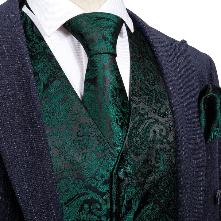 grey suit with vest of Dark Green Paisley Jacquard Silk Men's Vest Tie Set