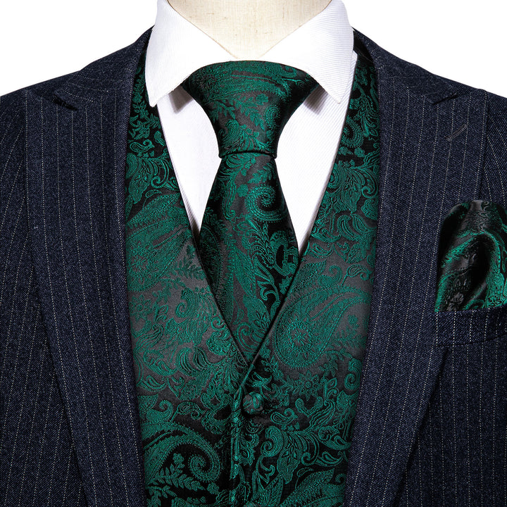 Dark Green Paisley Jacquard Silk Mens dress vest