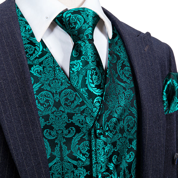 Dark Lake Blue Paisley Jacquard Silk Men's Vest Hanky Cufflinks Tie Set