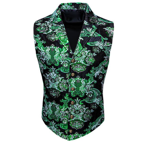 Black Mint Green Floral Jacquard Men's Collar Victorian Suit Vest