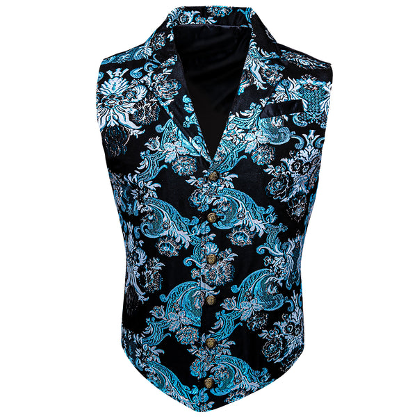 Black Sky Blue Floral Jacquard Men's Collar Victorian Suit Vest